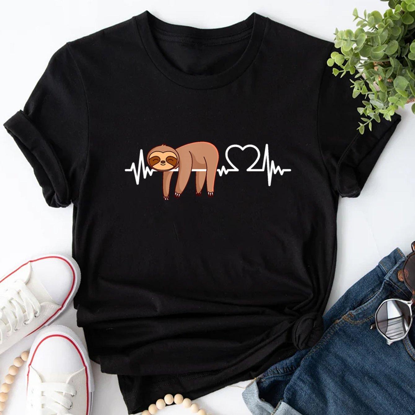 

Cute Cartoon Sloth Print TShirt Crew Neck Short Sleeve Casual Top For Summer Spring Womens Clothing S