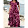 Damen Maxikleid in Übergröße mit Leopardenmuster, kurzärmelig, Rundhalsausschnitt, lockere Passform, figurformende Taschen, fließender langer Rock im Resort-Stil