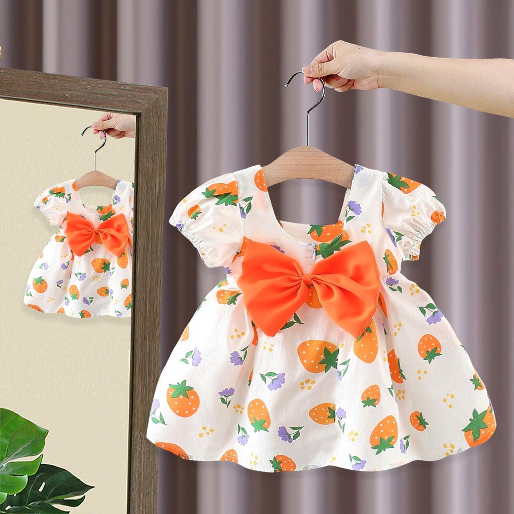 Children's Dress Girls' Summer Strawberry Short Sleeved Princess Dress Girls' Baby Strawberry Bow Dress