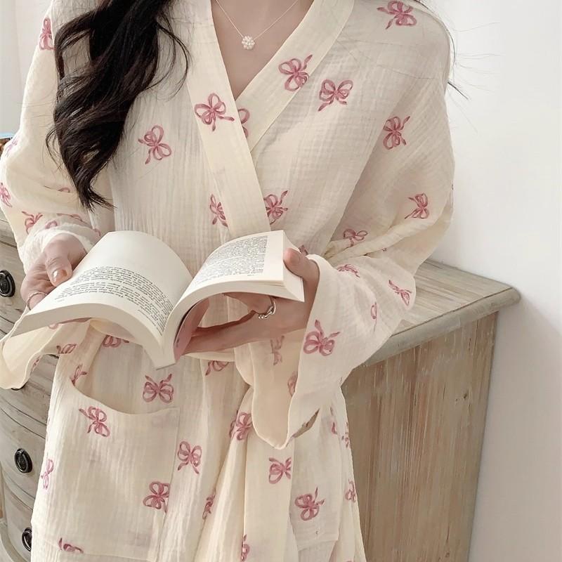 Women's Spring/Autumn Korean-Style Simple Comfortable Nightgown Pink Bow Casual Loose-Fit Loungewear Nightdress