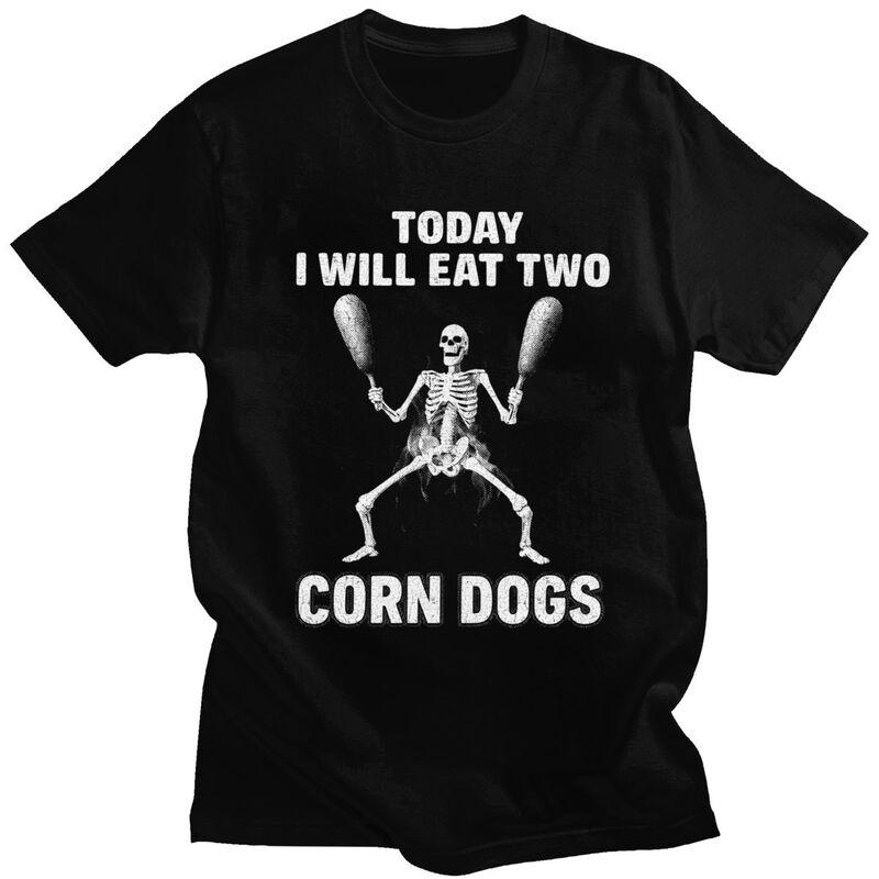Skeleton Corn Dogs Funny Food Meme T Shirt for Men 100 Cotton Tshirts Sumer Style Short Sleeve Tee Shirt Slim Fit Clothing