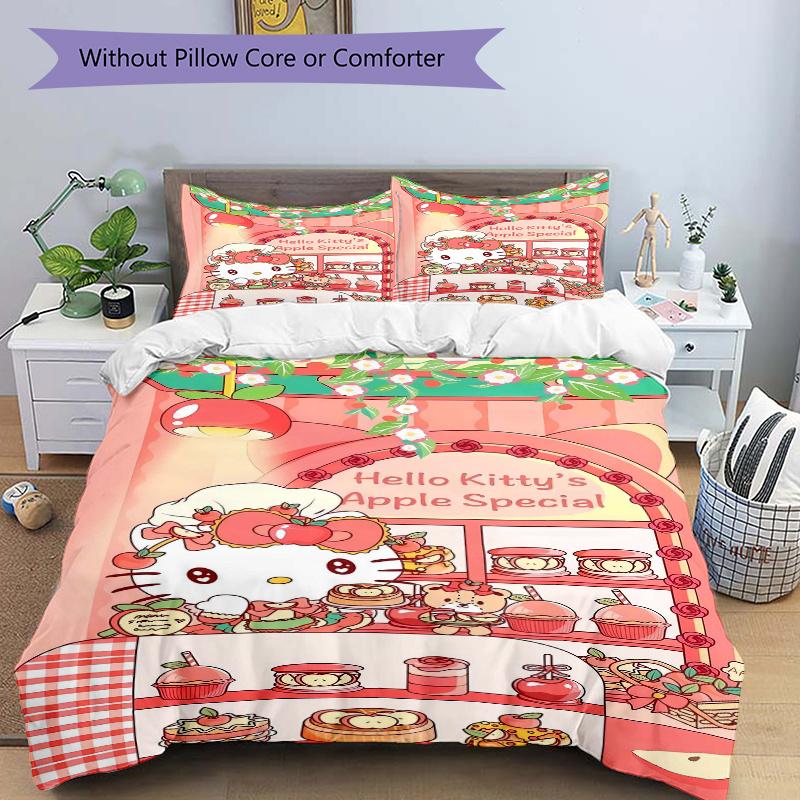3pcs Sweet Celebration of Flavors and Friends Hello Kitty Quilt Cover Set - Soft & Comfortable Polyester Fabric, All-Season Breathable Comforter
