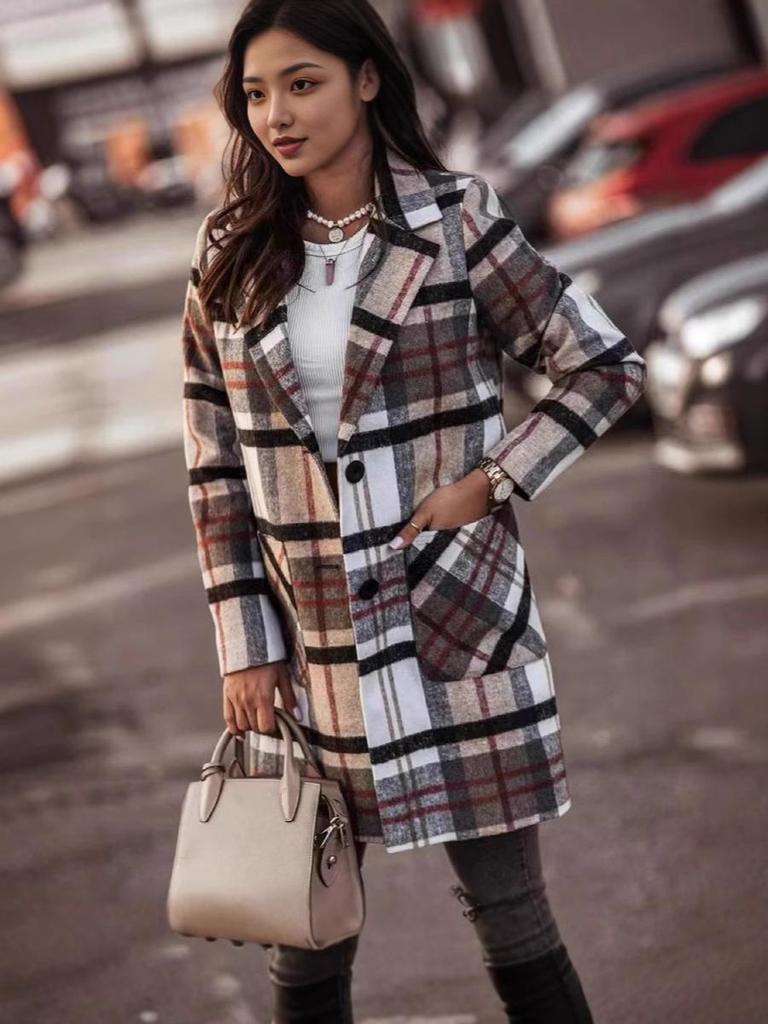 Fall Winter New Wool Long Sleeve Stand Collar Checked Coat Women's Jacket