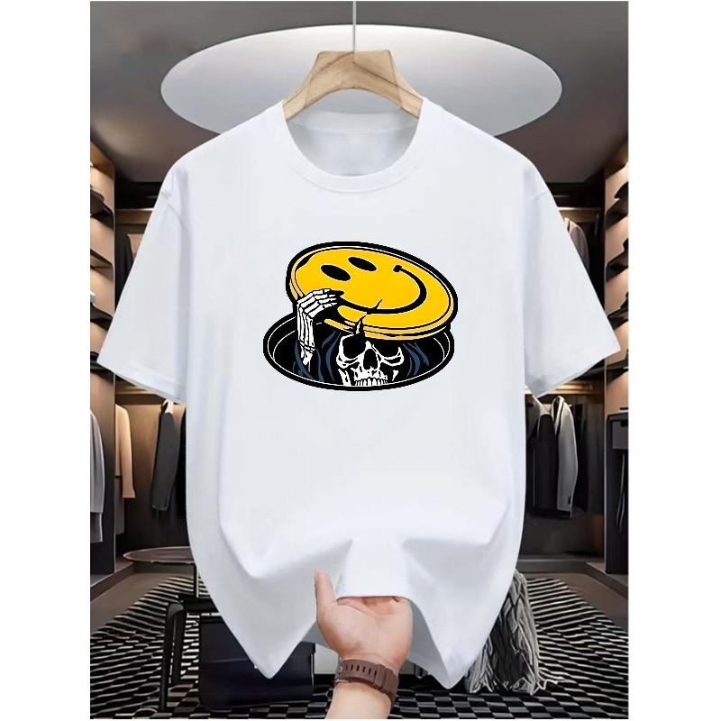 European Sizes Smiling Skull Men's Casual Digital Print T-Shirt - Crew Neck, Short Sleeve, Street Hip-Hop Style, Summer Fashion Trend, Sporty Style