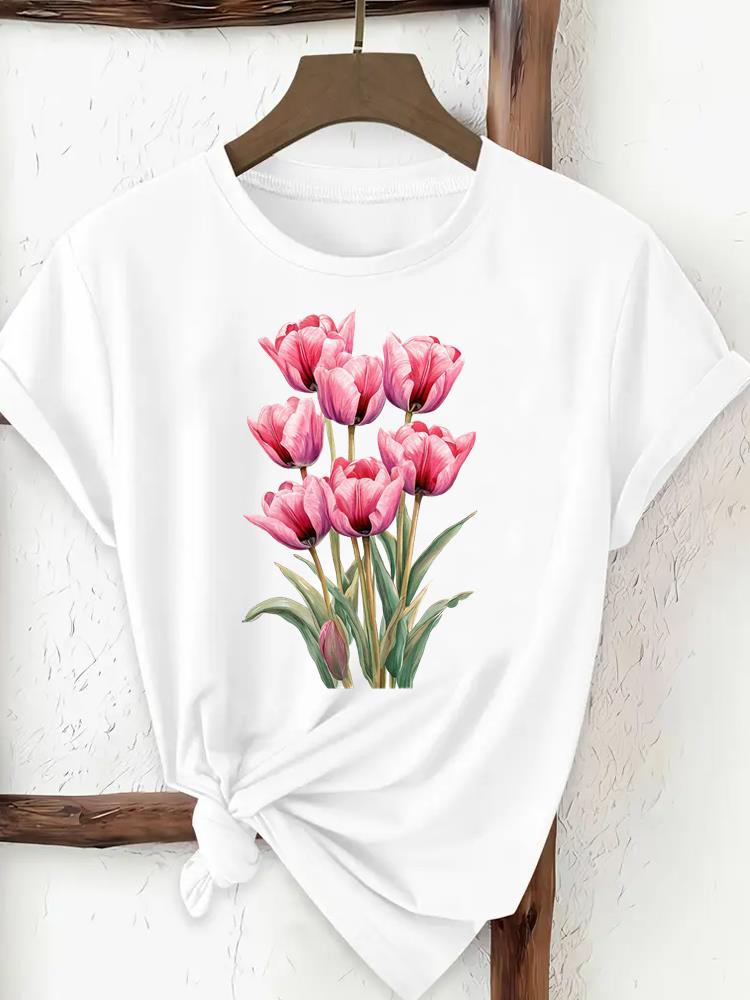 Sweet Flower 90s Print Trend Ladies Popular Casual Round Neck Women Fashion Graphic Short Sleeve T-shirts Fashion Clothing
