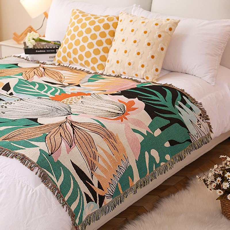 Double-Sided Cotton Woven Throw Blanket with Tassel Jungle Bohemian Style Tapestry Shawl Multi-Function Decorative Throws for Sofa Bed Armchair