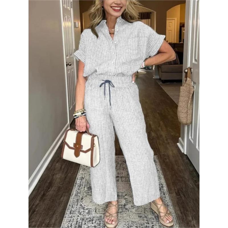Classic Spring Autumn Striped Printed Short Sleeve Shirt Set Retro Casual Loose Waist Trousers Women's Suit