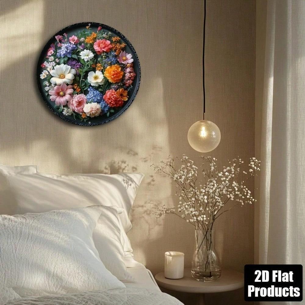 Vintage Floral Landscape Round Metal Wall Art, Aluminum 2D Decorative Plate 8x8 Inches, Home Bar Kitchen Decor