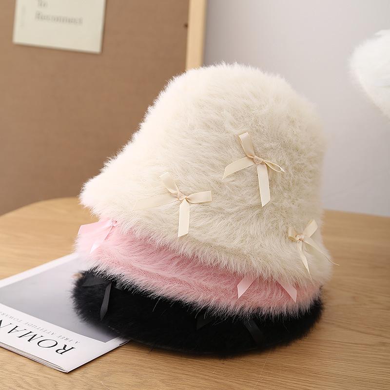 Sweet Bow Plush Bucket Hat Schoolgirl Cute Bucket Hat Winter Foldable Fashion Basin Hat
