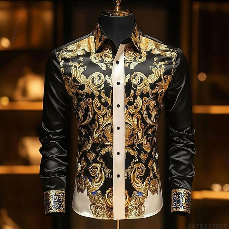 Camisa de Hombre de Manga Larga Estampada en 3D de Lujo, Camisa de Vestir Ajustada con Patrón Dorado Barroco, Camisa de Hombre para Banquetes de Negocios