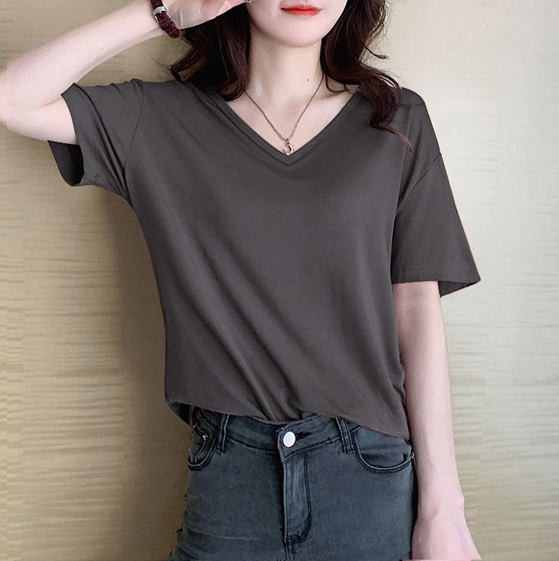 

Женская черная футболка с V-образным вырезом из модала ледяного шелка свободного кроя - с коротким рукавом, тонкий топ для весны/лета 2025. XL