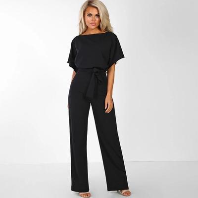 Women Loose Party Romper Short Sleeve Solid Color Long Jumpsuit