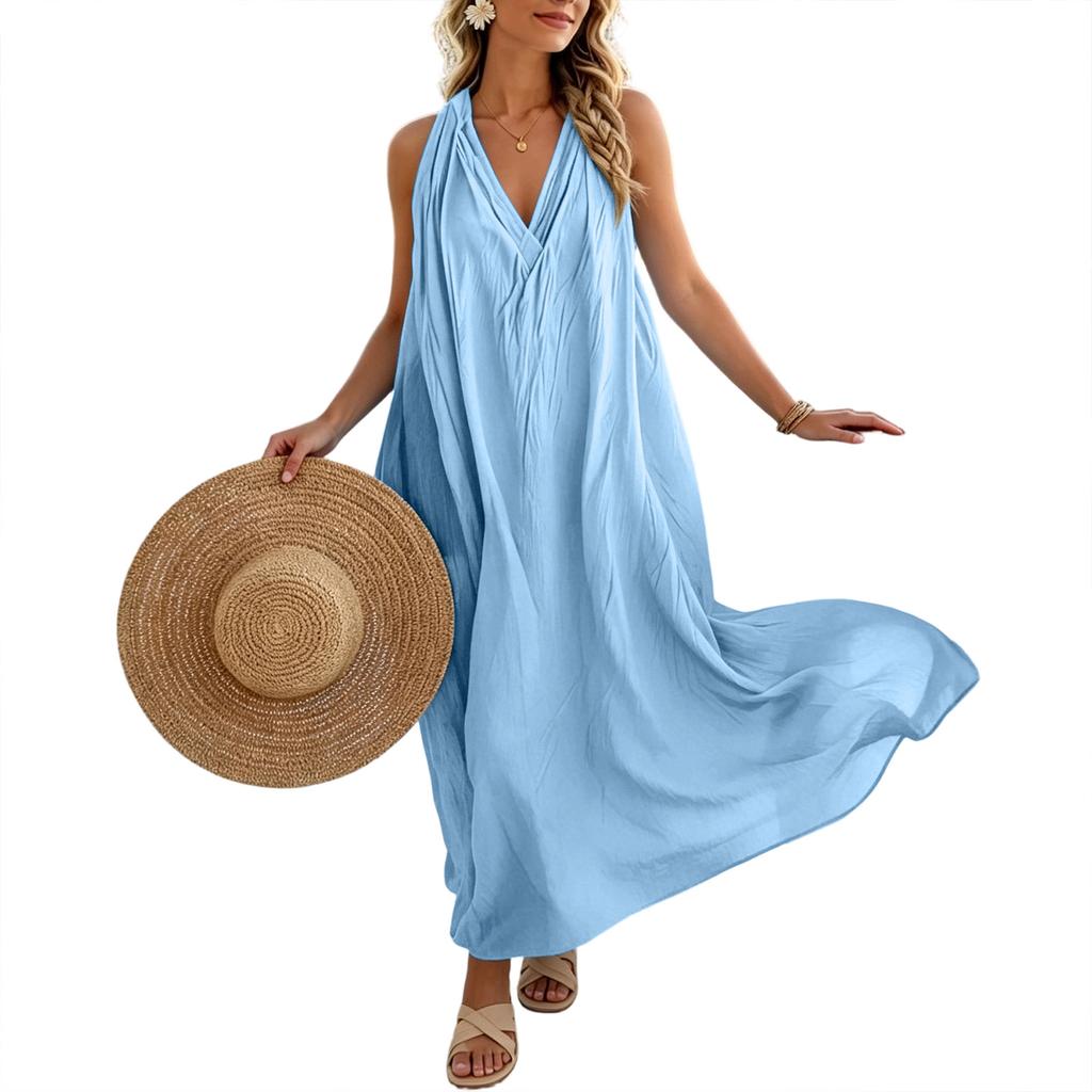 Women Sleeveless Loose Fit Maxi Dress with Pockets Elegant V Neck Solid Casual Long Dress for Summer Beach Holiday