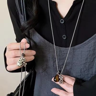 2025 Trendy Spotted Tiger Eye Stone Necklace Women's Light Luxury Exquisite Long Collarbone Chain Sweater Chain