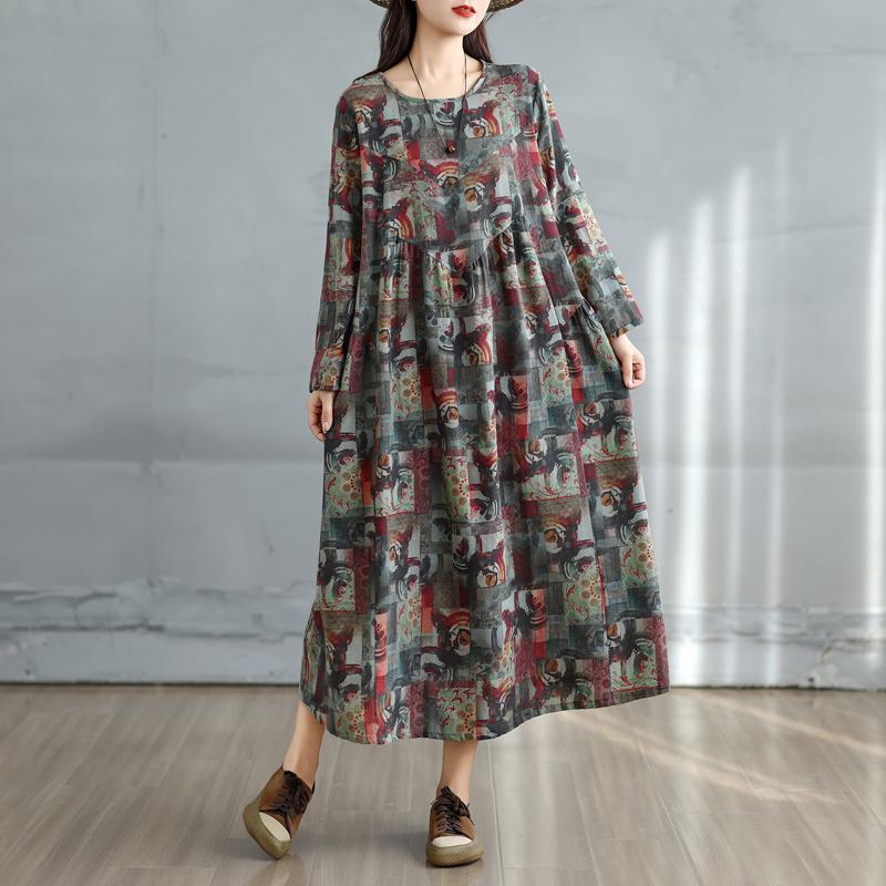 DIMANAF 2025 Dam Plus Size Vår Lång Klänning Lös Basic Tryck Vintage Casual Blommig Oversize Lång Ärm Maxi