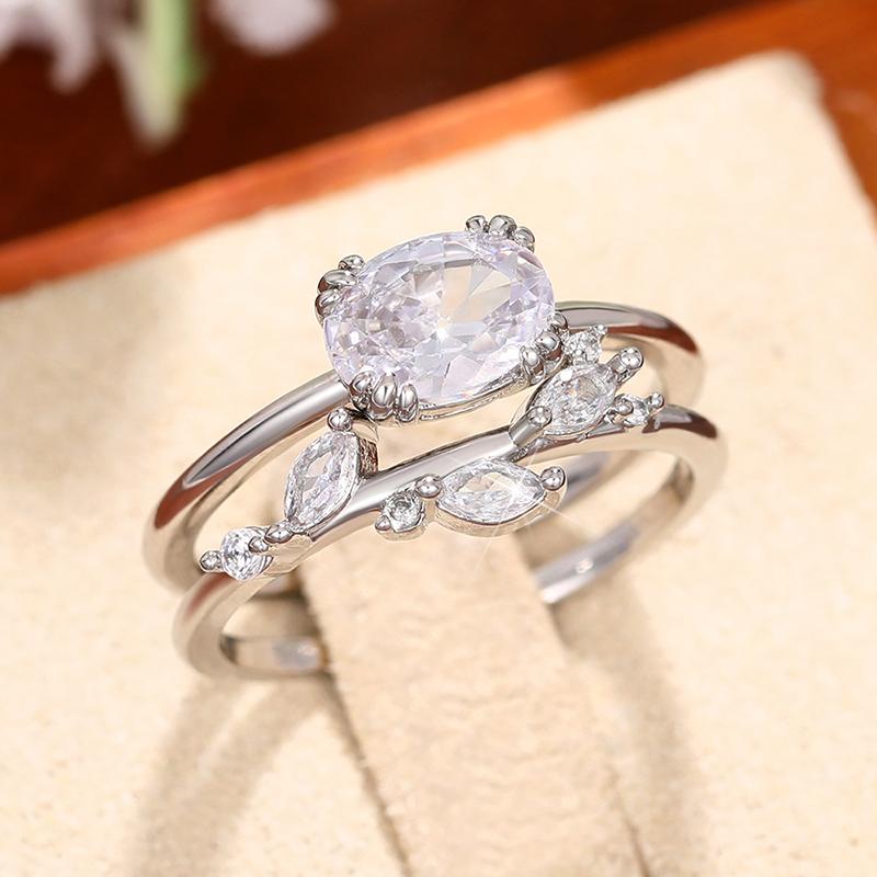Huitan Sparkling Crystal Cubic Zirconia 2Pcs Set Rings for Women Exquisite Leaf Design Accessories Luxury Wedding Party