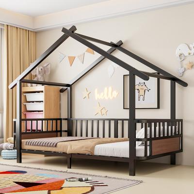 Children's Bed Made of Metal In House Shape, 90 X 200 Cm, with Safety Rail, Roof Design and Decorative Frame, for Boys and Girls, Black