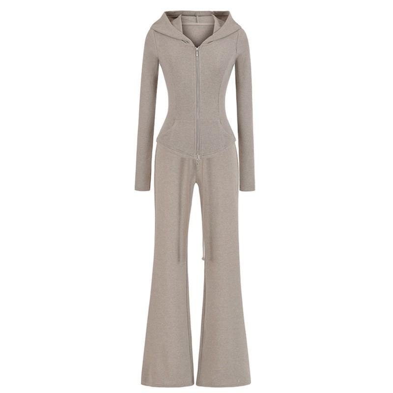 Womens Casual Yoga Set Hooded Zip Cardigan Flared Pants Solid Color Sportswear