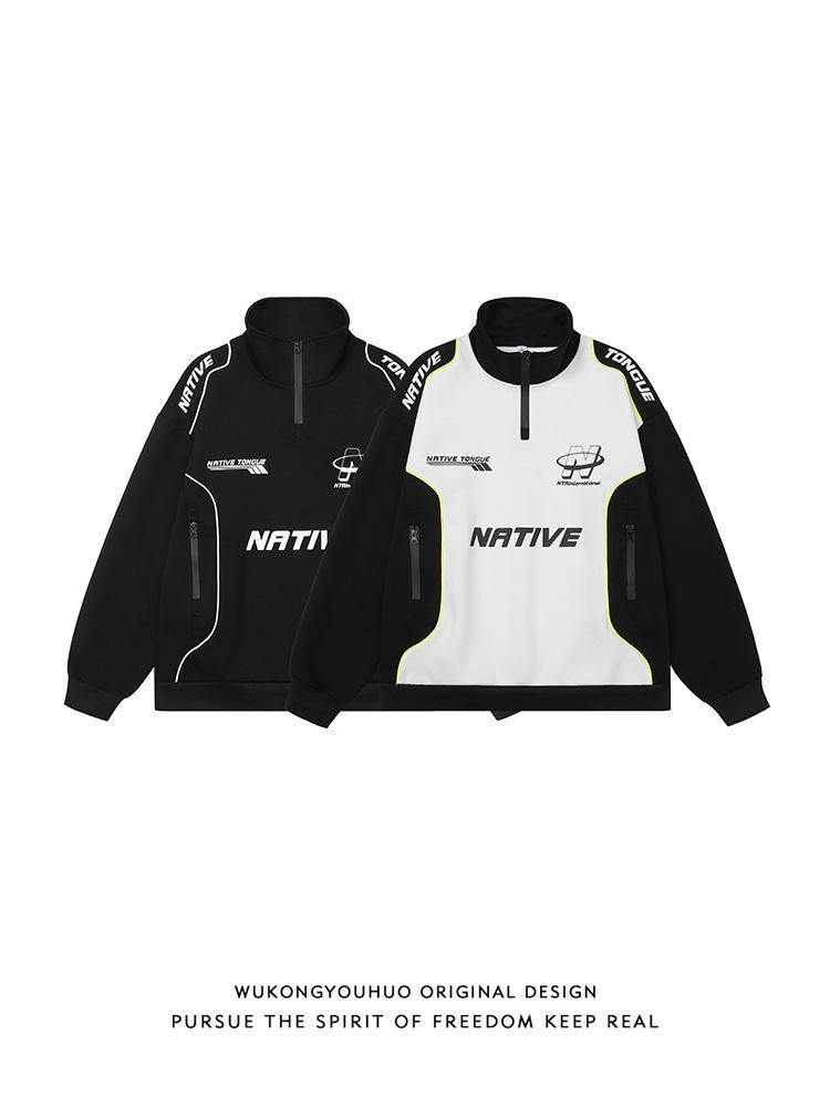 Unisex Retro Racing Half-Zip Sweatshirt - Spring/Autumn Fashion Motorcycle Jacket