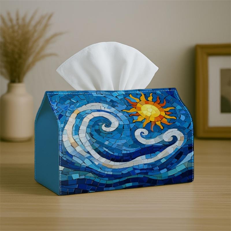 1pc Party Tissue Box, Mosaic Coastal Design, Versatile Tissue Holder, Wave Sun Blue & Bright, Supplies for Outdoor Gatherings, Daily Desktop Tissue Or