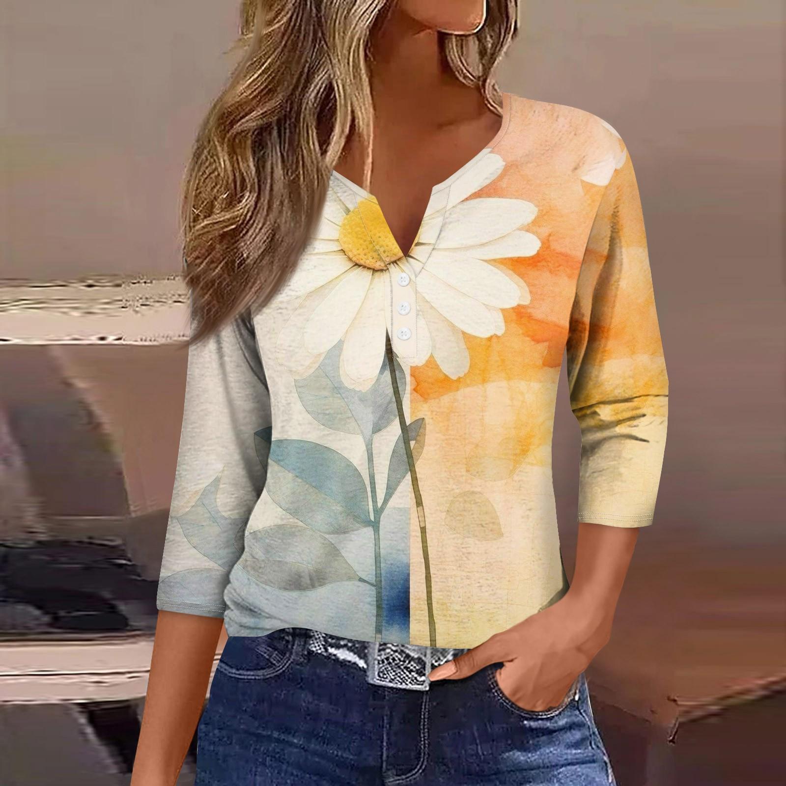 

Женская модная повседневная футболка с коротким рукавом и V-образным вырезом, декоративными пуговицами и рукавом три четверти XL жёлтый