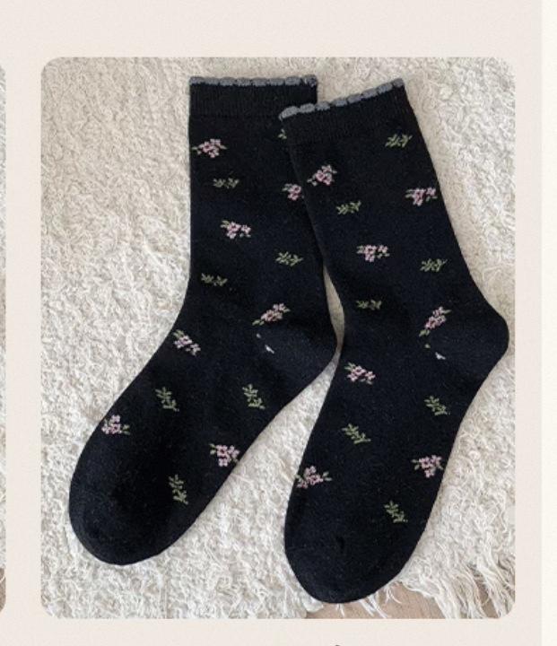 Cashmere Small Floral Dongdaemun Boneless Anti-Pilling Medium Tube Socks Cute Korean Small Fresh Stacking Socks