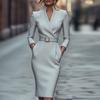 New Elegant V Neck Midi Pencil Work Dress Woman Casual Solid Slim Bodycon Dresses Autumn Long Sleeve Pocket Party Dress Vestidos