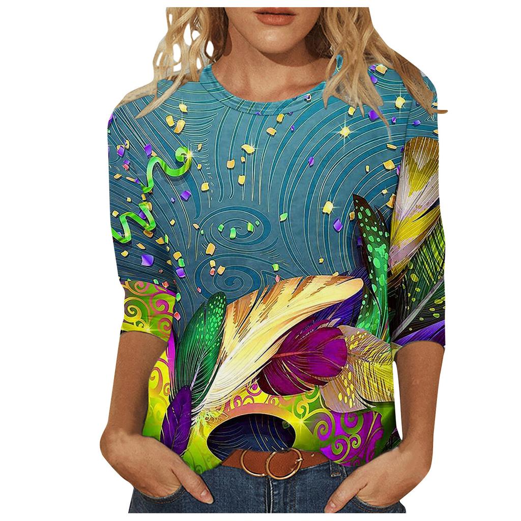 Long Sleeved Glamorous Mask Patterned Top Carnival Themed Printed Women's T-shirts
