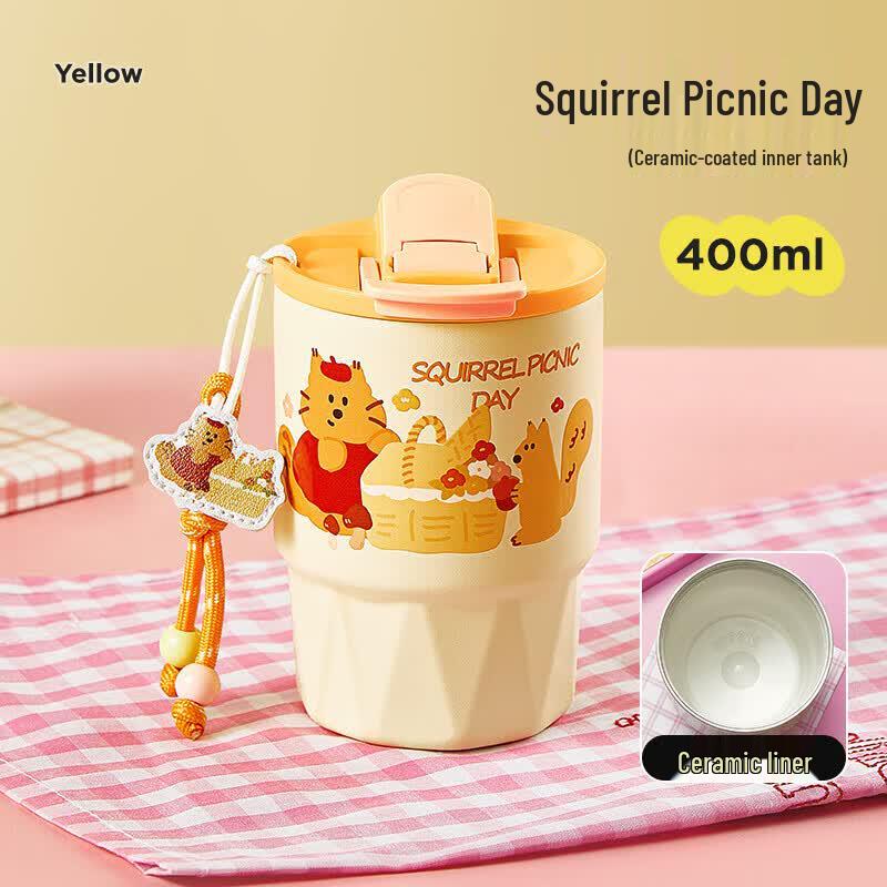 RELEA Stylish 400ml Ceramic Lined Insulated Mug - Squirrel Picnic Day