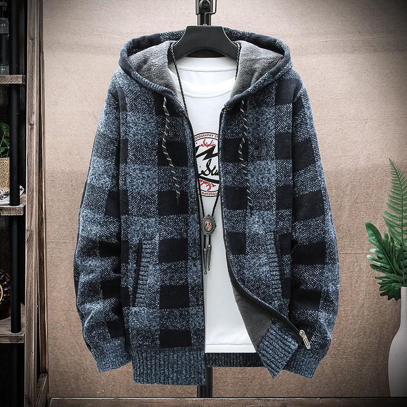 Men's Winter Plaid Hooded Sweater Cardigan Autumn Fleece Zipper Warm Jacket Checkered Knit Jumper
