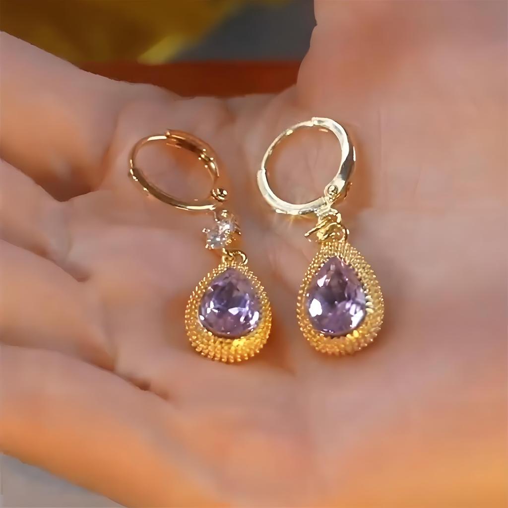 Long Water Drop Pendant Earring for Women Geometric Baroque Palace Style Purple Crystal Exaggerated Vacation Party