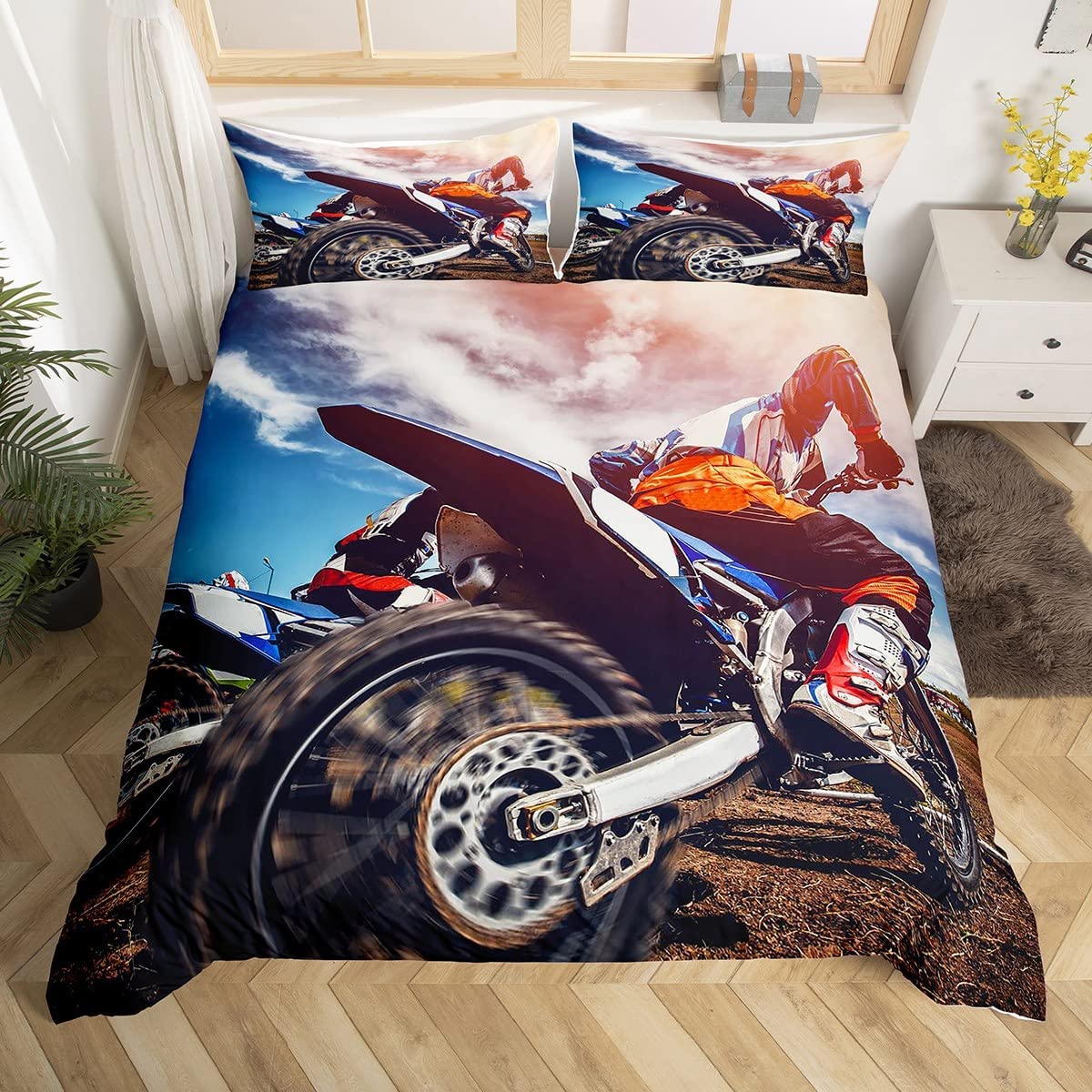 

Dirt Bike Soft Duvet Cover Set Extreme Sports Beding Set Motocros Rider Warm Comforter Cover Col Motorbike Bedspread Cover Quen Sized Dimensions 100*200cm Single