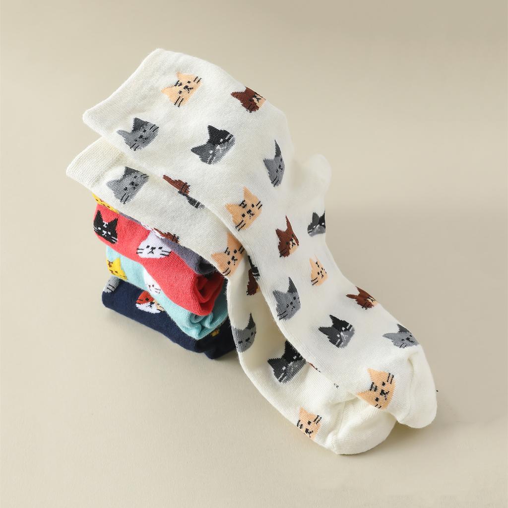 5 Paires Femmes Motif Chat Chaussettes Montantes Drôles Dessin Animé Lot