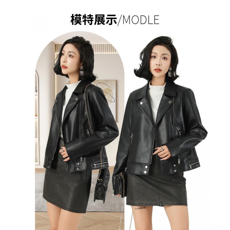 Womens Short PU Leather Jacket With Notched Lapel Slim Fit Biker Style Office Casual Wear