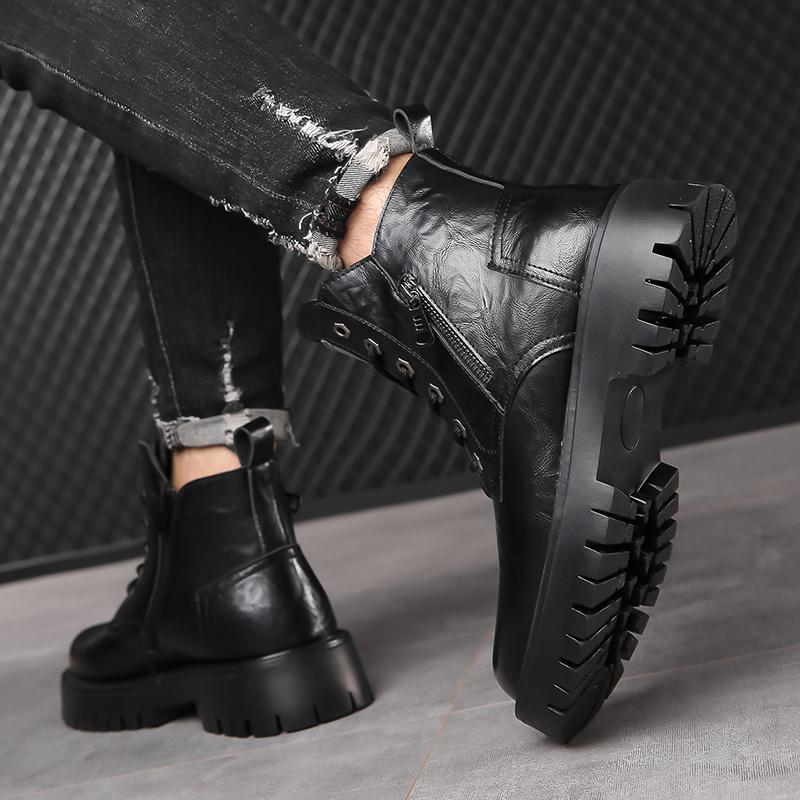 Fashion 2024 Luxury Brand Male Comfortable Motorcycle Boots Classic Men Winter Plush Snow Boots Thick Bottom Lace-Up High Top Male Shoes