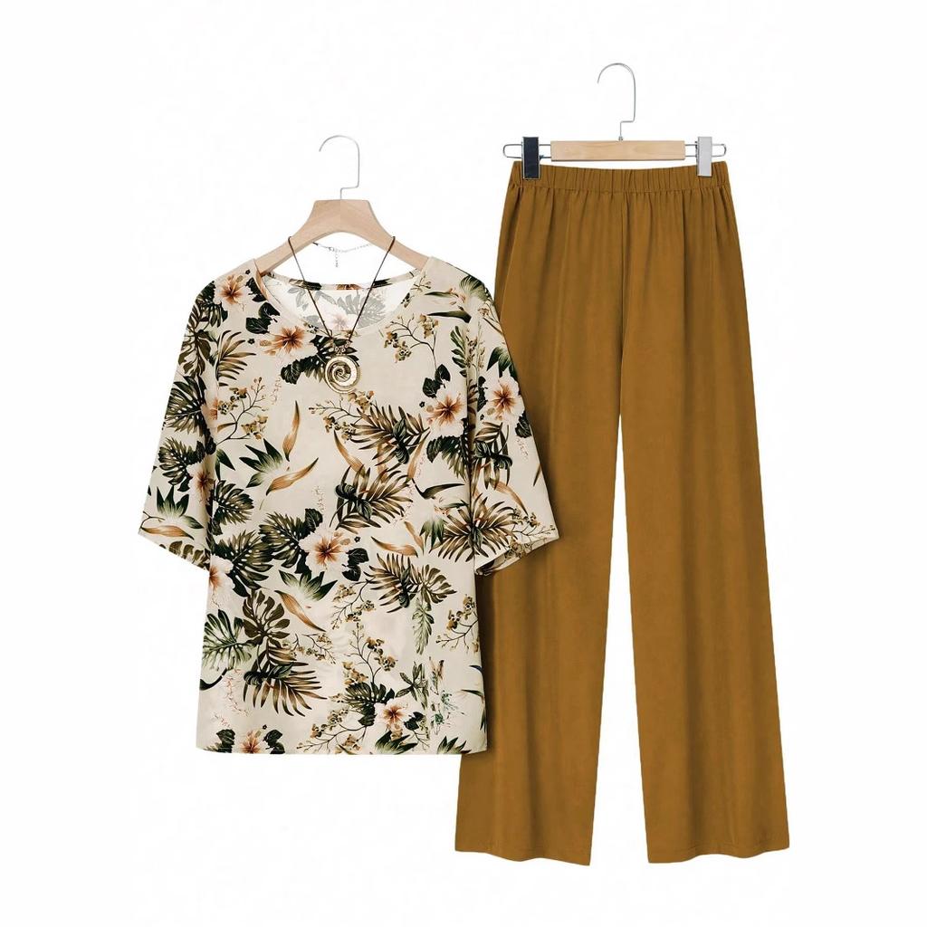 Women's plus size set printed short-sleeved T-shirt casual loose solid color trousers clothes sale