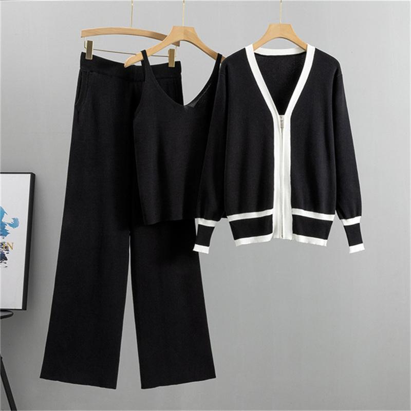 Autumn And Winter Women's Knitted Suit Cardigan Camisole Wide Leg Pants Suit