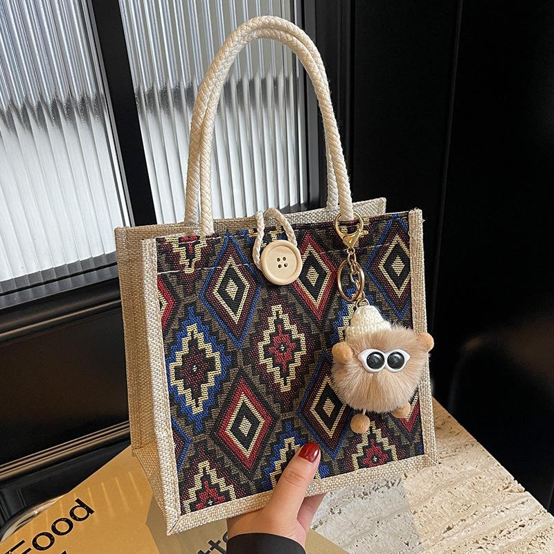 Tragbare Bento-Tasche Lässige Tragetasche für Damen Ethnischer Stil Pendler-Handtasche Einfache Große Kapazität Einkaufstasche Geschenke