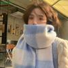 Korean Style Women's Winter Fluffy Blue & White Plaid Scarf - Shawl Thickened Warm Long Plush Neck Warmer
