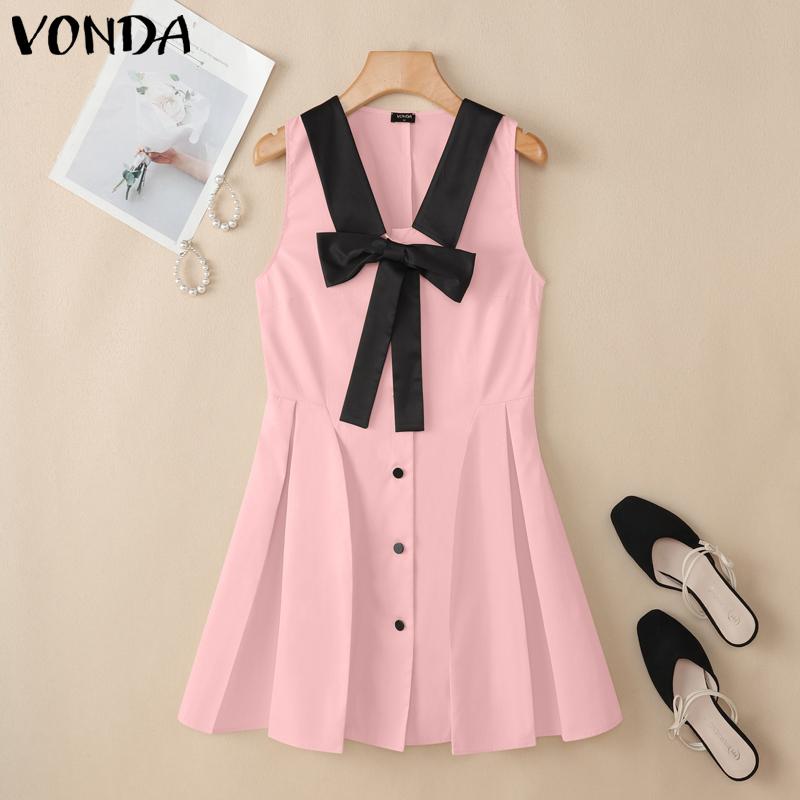 VONDA Women Sleeveless Bow Knot Slim Waist Stitching Pleated Dress