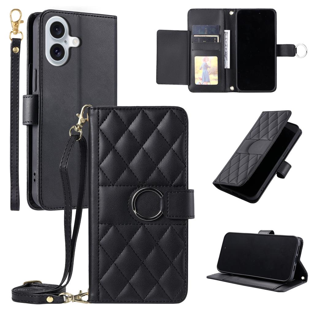 Applicable to iPhone16E multi-functional leather case 17Pro new rhombus small fragrant style card wallet diagonal span portable rope