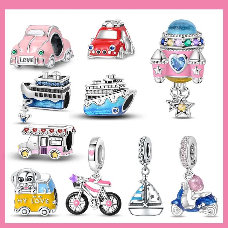 Transportation Copper Pink Rocket Bicycle Blue Ship Car Airplane Beads Charm For Original Bracelet Woman Girl Jewelry