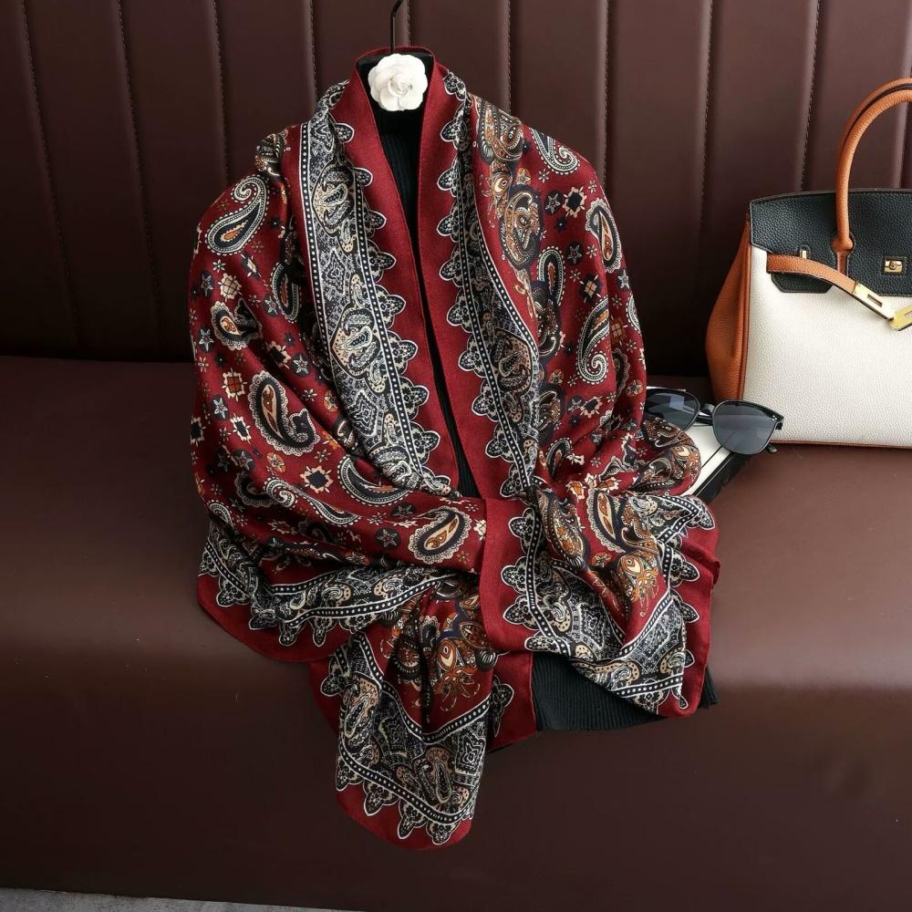 180X85Cm Retro Cashew Flower Scarf Women'S All-Season Cotton And Linen Feel Large Scarf Warm Sun Protection Neck Shawl Hijab