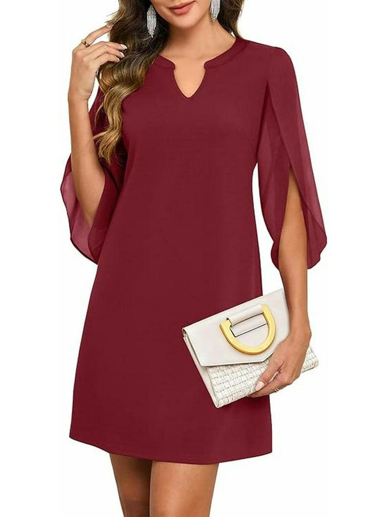 Europa und Amerika Unregelmäßiger Ärmel Einfarbige Chiffon Mittellanges Vielseitiges Freizeitkleid für Damen.