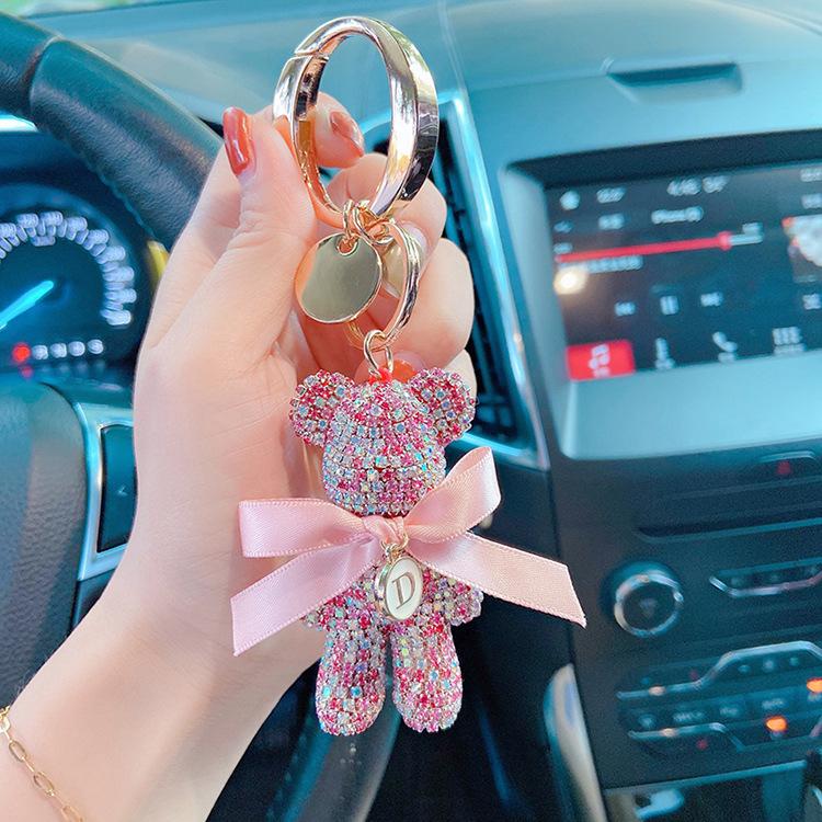 Luxury Jewelry Full Rhinestones Bear Car Key Chain Creative Letter Big Button Key Chains Bag Pendant Doll  Party Gifts For Women