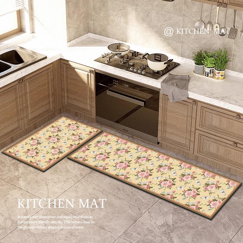 Washable Non-slip Kitchen Rug Pvc Leather Waterproof Anti-slip Floor Mat Long Rugs Oil-proof Foot Mats Pink Flower Home Carpet