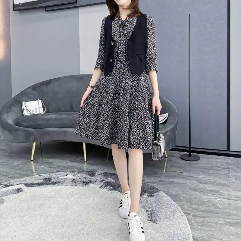 Two-Piece Floral Dress & Vest Set - Spring 2026 Elegant Slim Fit, Long Sleeve, Elastic Waist