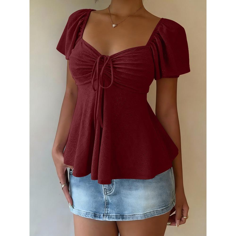 T-shirt da Donna Estiva a Maniche Corte, Scollo a V con Coulisse e Effetto Arricciato, Top Blusa Sexy Casual alla Moda per Tutti i Giorni