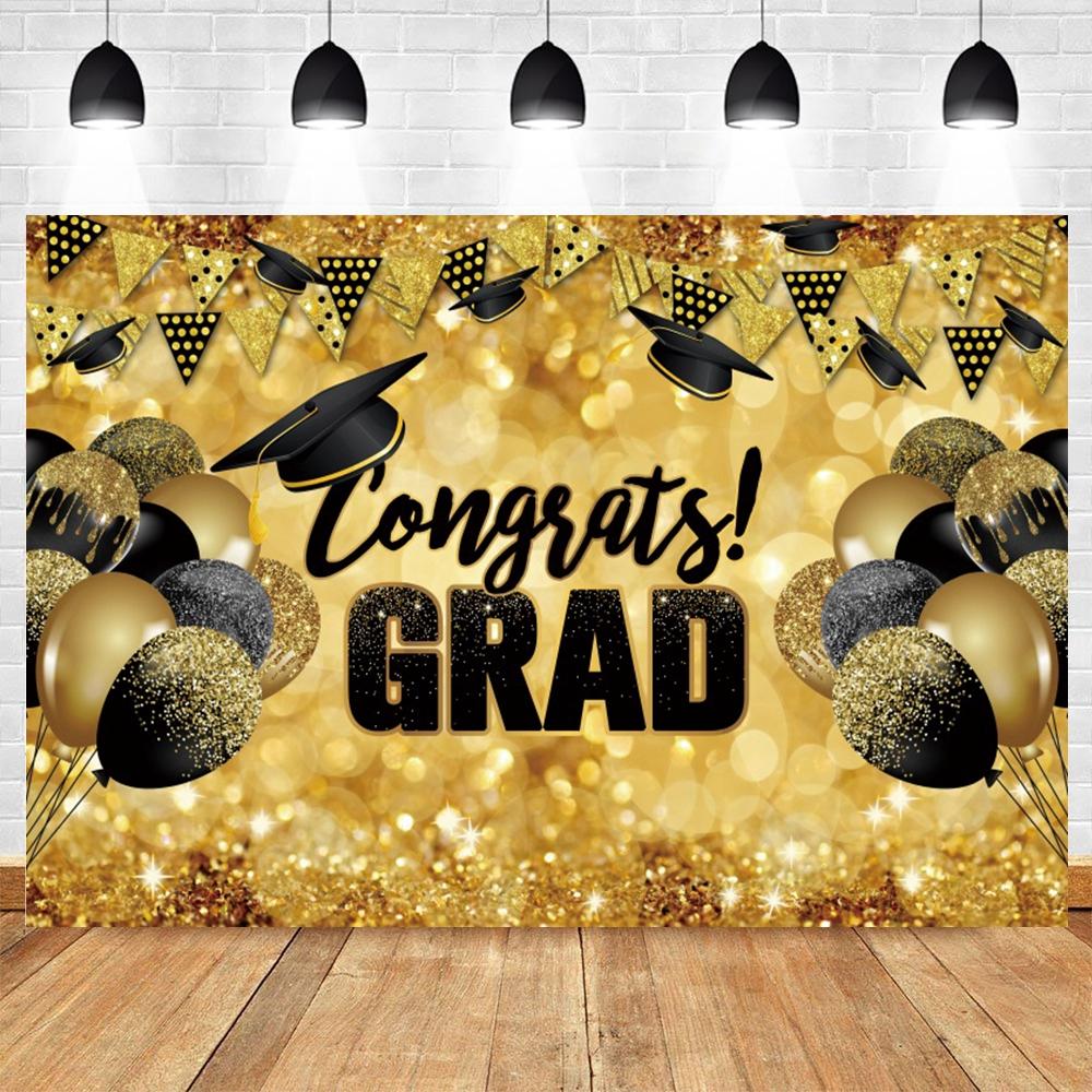Golden Flash Black Balloon Banner Photography Background Cloth, Congratulations Graduation Ceremony Evening Photography Backdrop