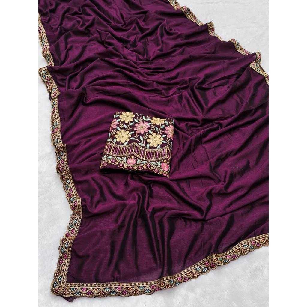 Premium Star Georgette  Design: Plain Body with Rich Multi-sequence Work Lace & C-Pallu  | TOTAL Colour Options : 12